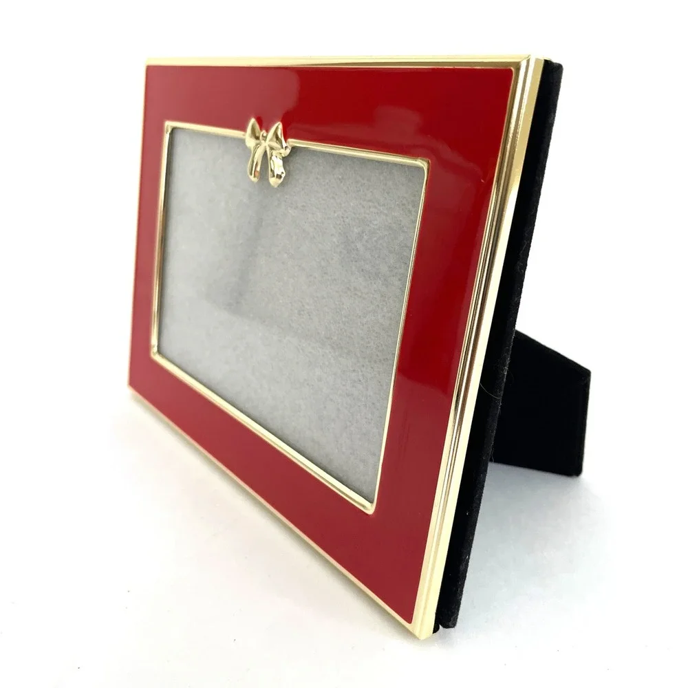 Vintage Red Enamel Gold Tone Bow Picture Frame 4x6 Landscape Tabletop Wall Decor